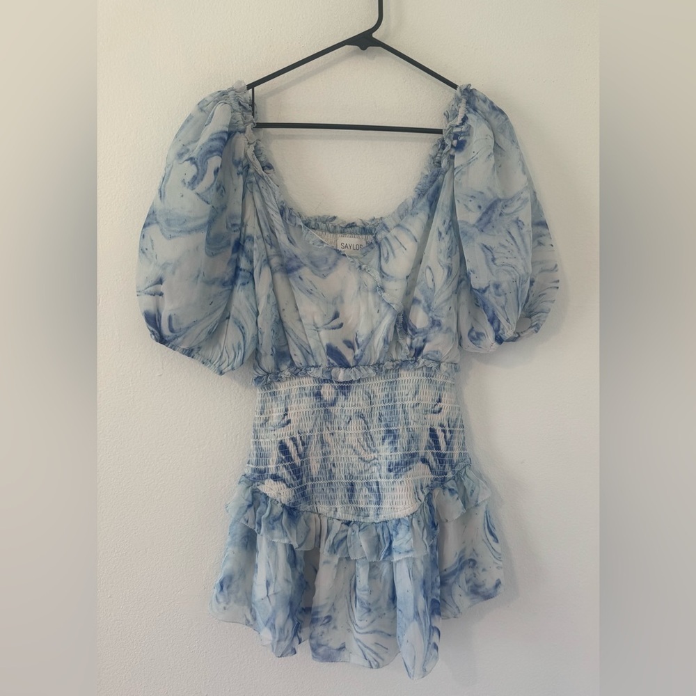 Saylor Violette Mini Dress Ultramarine Puff Sleeves Smocked Tiered Ruffle Small